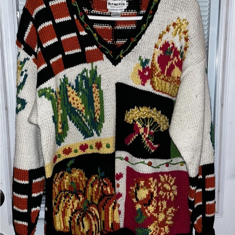 Premier Designs Multicolor Patchwork V-Neck Sweater Hand knit Y2K Vintage